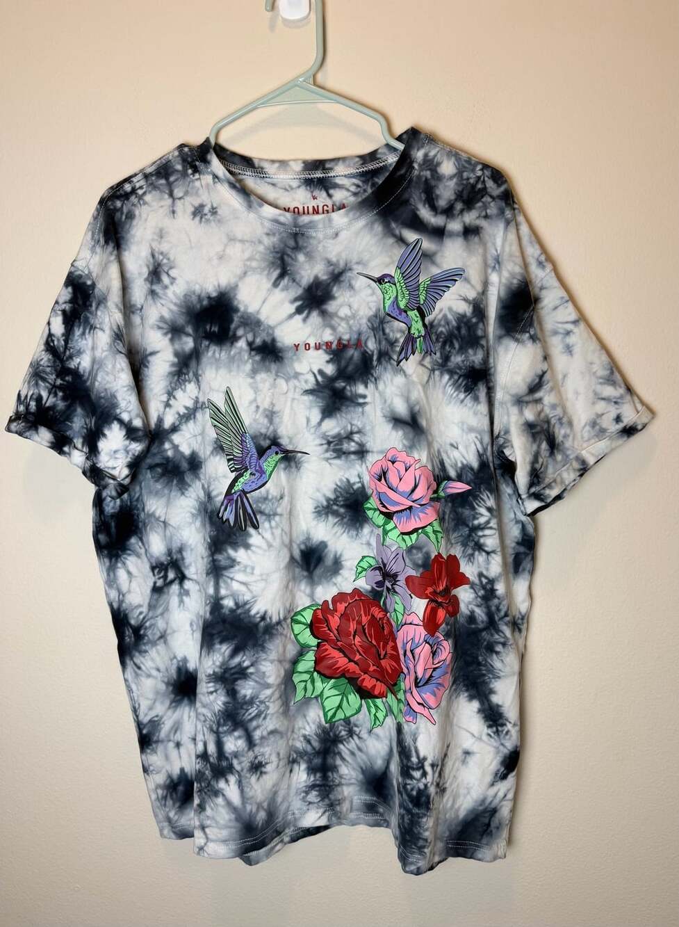 YoungLA Hummingbird Floral Tie Dye T-Shirt Size Large Black White